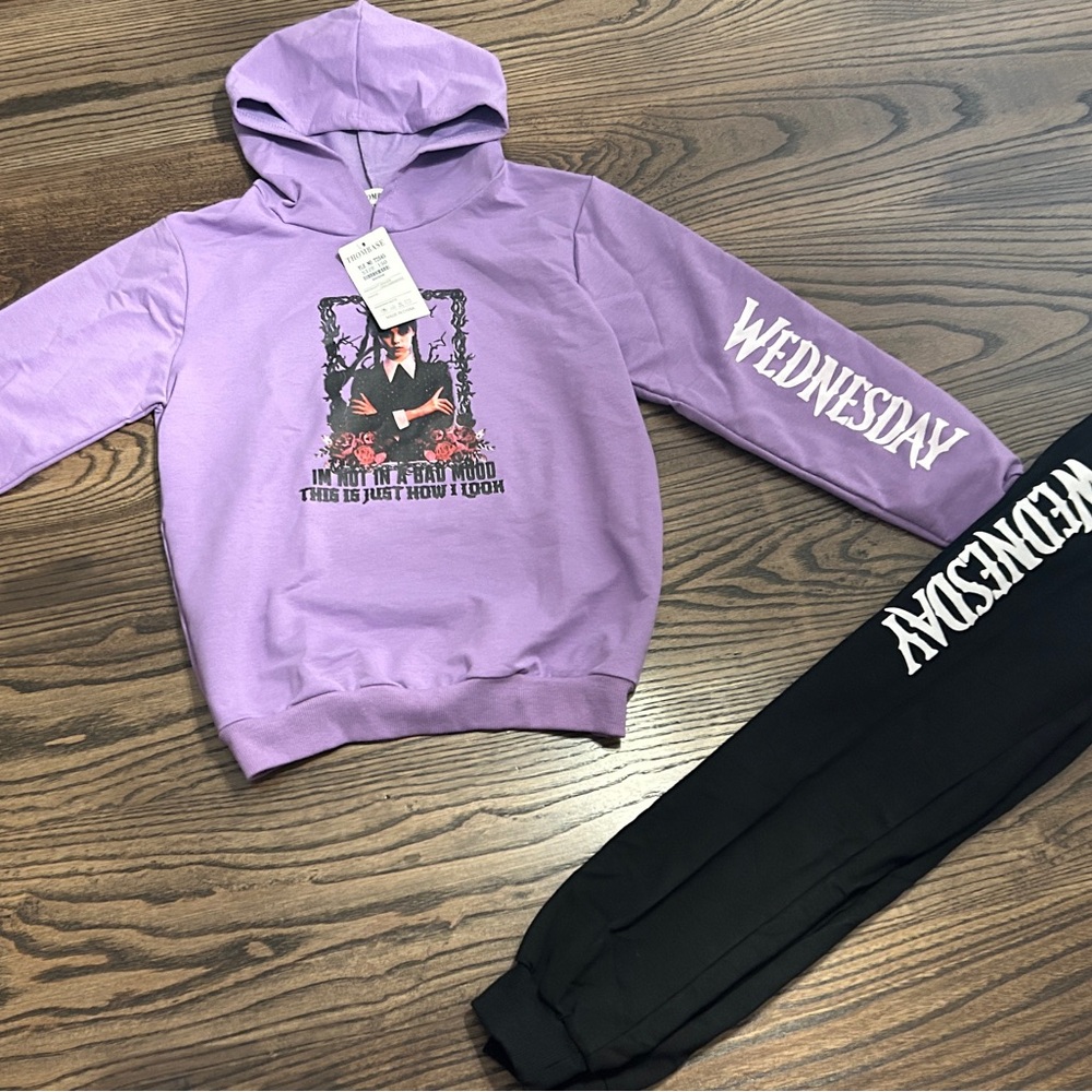 Wednesday Addams Purple Kids Hoodie with Graphic Print Set